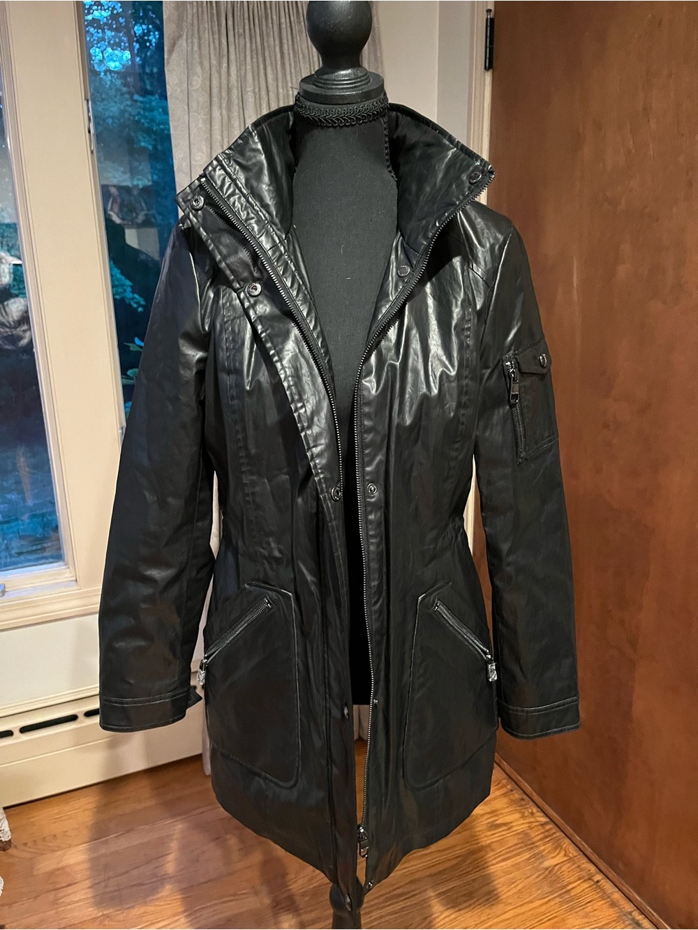 Calvin Klein Black Long Leather-Effect Zip Front Coat